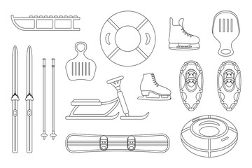 Set of illustrations of sports winter equipment in the style of line art. vector illustration