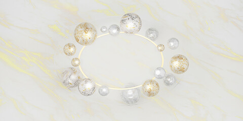 Glass frame with marbled beads Circle frame Modern decorative background 3D illustration