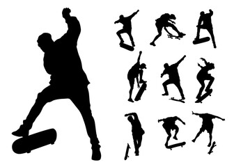 Silhouette of boy on roller skates on white background