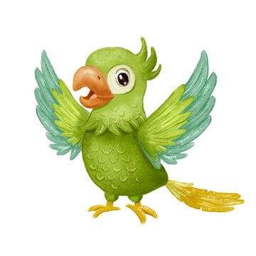 Green parrot bird standing and wave wing. Hand drawn cartoon character isolated on white.