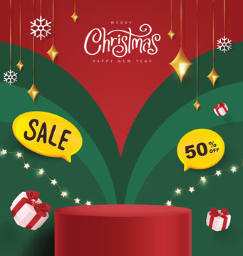 Merry Christmas banner with product display cylindrical shape and festive decoration