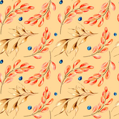 Colorful autumn branch and spikelet watercolor seamless pattern on beige.