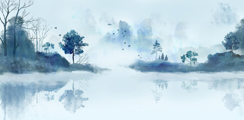 Fototapeta na wymiar Watercolor Artistic Conception Blue Landscape Background Illustration