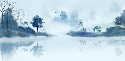 Keuken spatwand met foto Watercolor Artistic Conception Blue Landscape Background Illustration © 心灵艺坊