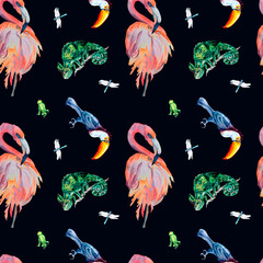 Tropical birds and animals watercolor seamless pattern on dark background. © Ekaterina Lanbina