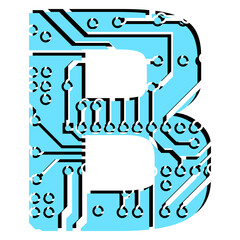 Latin digital letter B perforated with PCB circuit board tracks isolated on white. Colored capital initial letter for headlines of modern digital world. Design element.