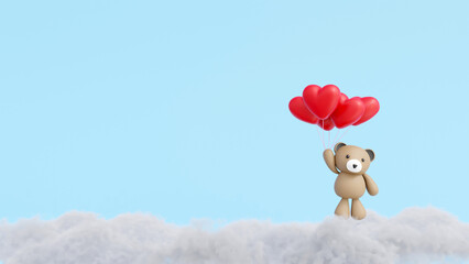 Cute bear flying on the blue sky above clouds using red heart balloons with space for text. Design for baby and valentine's day. 3D rendering.