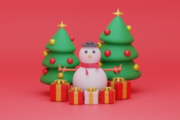 snowball, tree and gifts christmas concept. 3d rendering