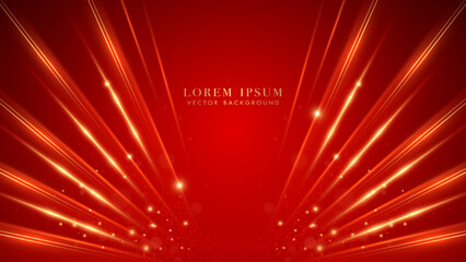 Golden lines with sparkle glow, glitter light and beam effect on red luxury background