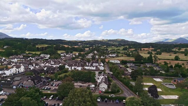 Hawkshead Village in the South Lake District. Aerial drone footage.