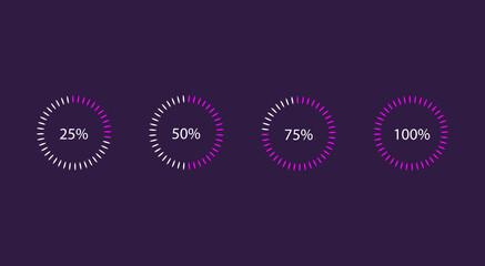 Neon purple circle progress bar for mobile apps, UI, web. Percentage pie chart set. Vector gradient loading indicator.