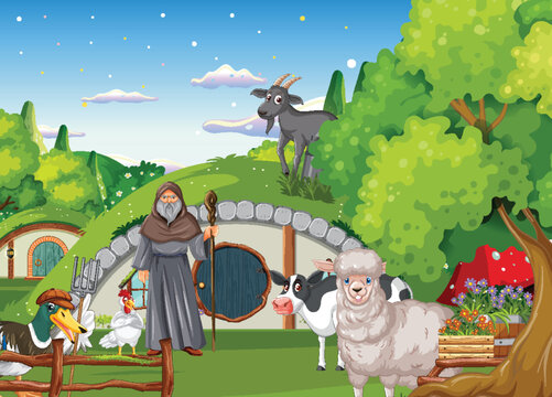 Fantasy cartoon scene with farm animals