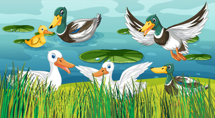 Obraz na płótnie Canvas Outdoor scene with cartoon ducks