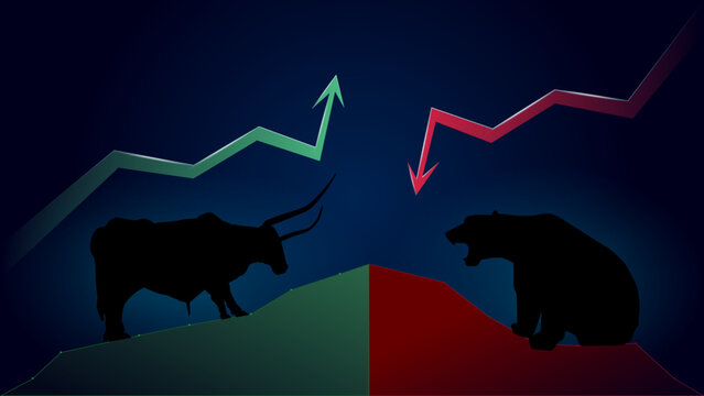 Bullish trend versus bearish trend with green up and red down arrows on dark blue background. The bull and bear are opposite each other on charts. Vector illustration.