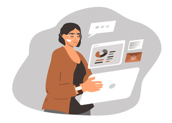 vector illustration in flat style. female character working on a laptop in headphones with a microphone