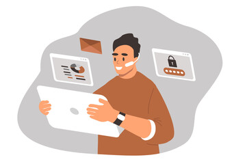 vector illustration in flat style. male character working on a laptop in headphones with a microphone