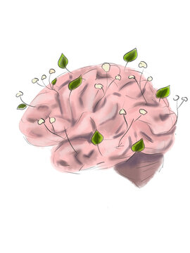 recommend clip art: Human brain with leaves and flowers illustration