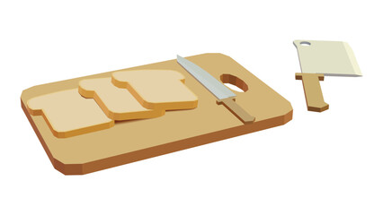 Flat isometric illustration of cutting board, kitchen knife. Sliced pieces of bread on a wooden board with knife, cleaver knife vector illustration
