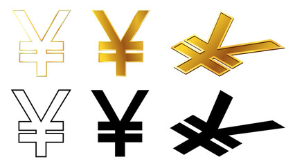 Obraz premium Yuan CNY Chinese currency golden signs, silhouette and outline isometric top and front view isolated on white background. Currency by the Central Bank of China. Clipart.