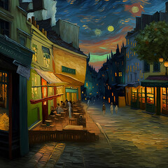Colorful Cozy Impressionist Town Street and Cafe in the Early Evening. [Digital Art Painting, Sci-Fi Fantasy Horror Background, Graphic Novel, Postcard, or Product Image]