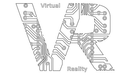 Black contours of letters VR abbreviation for Virtual Reality perforated with PCB circuit board tracks isolated on white. Concept for logo, banners or advertising.