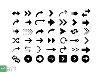 Arrow vector icon set. Up, down, right, circle, pointer, different shape black direction sign element collection. Vector illustration isolated on white background. EPS 10.