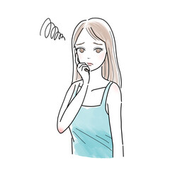 困り顔で顔に手を当てる若い女性のイラスト