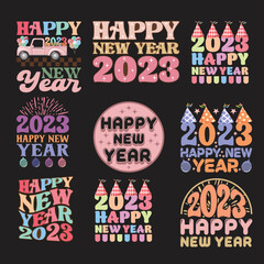 Happy New Year - groovy square greeting card. Abstratc typograpy design for T Shirt, Merry Christmas Happy New Year 2023 Funny Shirt, Family Party Shirt. Vector retro illustration.