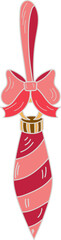 Christmas striped icicle decoration on pink ribbon isolated on white background