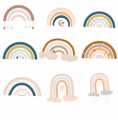 Cute vector set rainbow pastel with drops and heart isolated on white background printable poster for kids
