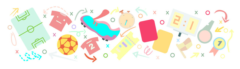 
football and strategy tactic board. Vector illustration of jersey, ball, sports shoes, playing time, 
ball ticket, red card, yellow card, scoreboard, whistle, medal and colorful attractive coach