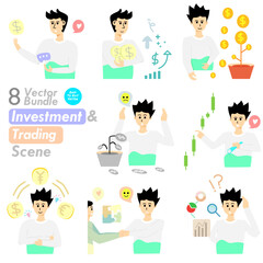 Stock trading, stakeholder, investment, analysis, trader strategy concept illustration. 
Collection of scenes with a young man trading in the stock market, loss or gain