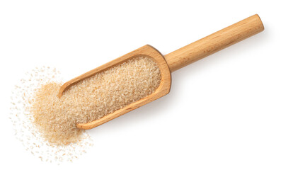 Psyllium husks in the wooden scoop, isolated on white background, top view.