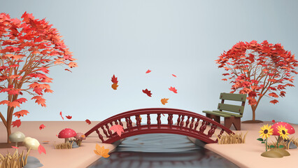 3D Render Autumn Bridge Background With Tree, Flying Leaves, Bench, Toadstools And Copy Space.