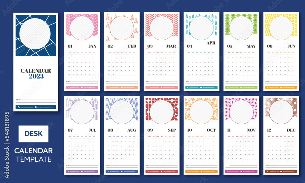 Poster complete set of 12 month, 2023 desk calendar template design with empty circular frame for image or 