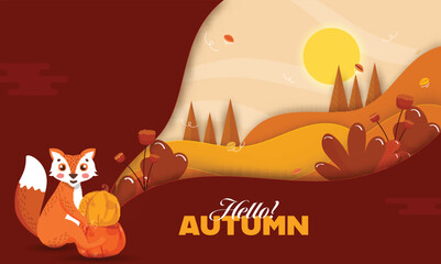 Paper Cut Autumn Sun Landscape Background With Cartoon Fox Holding Pumpkins Illustration.