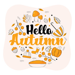 Hello Autumn Font With Autumnal Season Icons On Peach And White Background.