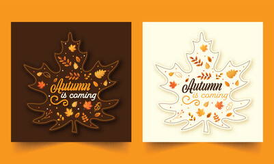 Autumn Is Coming Font On Sticker Style Maple Leaf Against Background In Brown And White Color. Social Media Post Or Template Set.