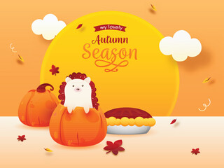 Autumn Season Poster Design With Cartoon Hedgehog, Pumpkins, Pie Cake, Leaves, Clouds Decorated On Orange And Peach Background.