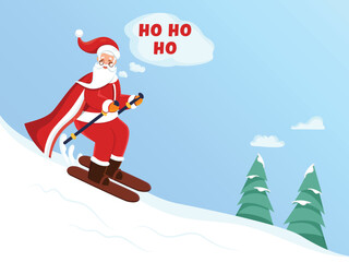 Illustration Of Cartoon Santa Claus Skiing And Say HO HO HO Against Snow Blue Background