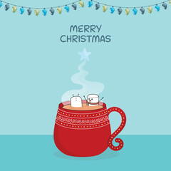Merry Christmas Greeting Card With Funny Marshmallow In Hot Drink Cup And Lighting Garland Decorated On Blue Background.
