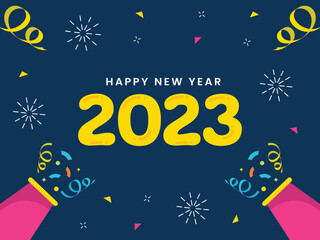 2023 Happy New Year Text With Exploding Party Popper Against Blue Background.