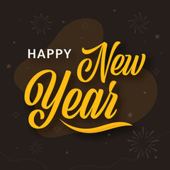 Happy New Year Font Against Dark Brown Fireworks Background.