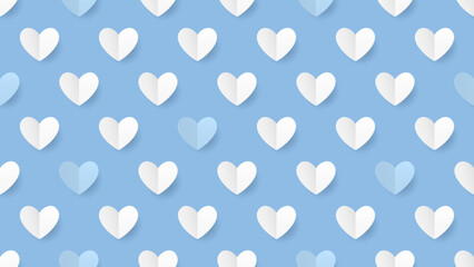 Seamless background with many white and light blue paper hearts on light blue background.
