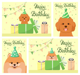 A set of greeting cards with funny dogs. Happy Birthday. Cartoon design.
