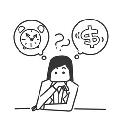 hand drawn doodle business woman confused to choose between money and time illustration