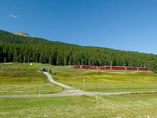 Photo sur Plexiglas Viaduc de Landwasser Train Bernina express in Switzerland - UNESCO heritage ride.