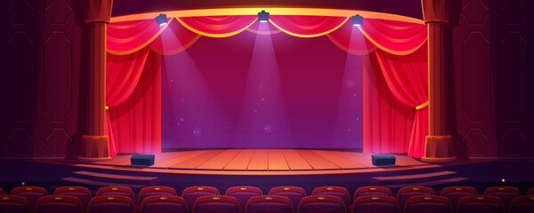 Empty theater stage with red curtains and spotlights. Cartoon vector illustration of concert hall interior with wooden scene illuminated with light beams, columns, luxury velvet drapes, audience seats