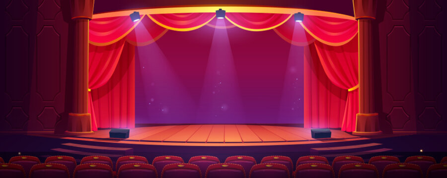 Empty theater stage with red curtains and spotlights. Cartoon vector illustration of concert hall interior with wooden scene illuminated with light beams, columns, luxury velvet drapes, audience seats