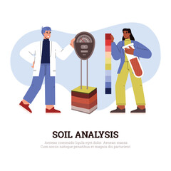 Scientists analyzing soil pollution level, flat vector illustration isolated on white background.